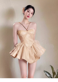 Vintage Golden Halter Dress Design A-line Satin Ruffled Hem Party Dress Homecoming Dress TP3831