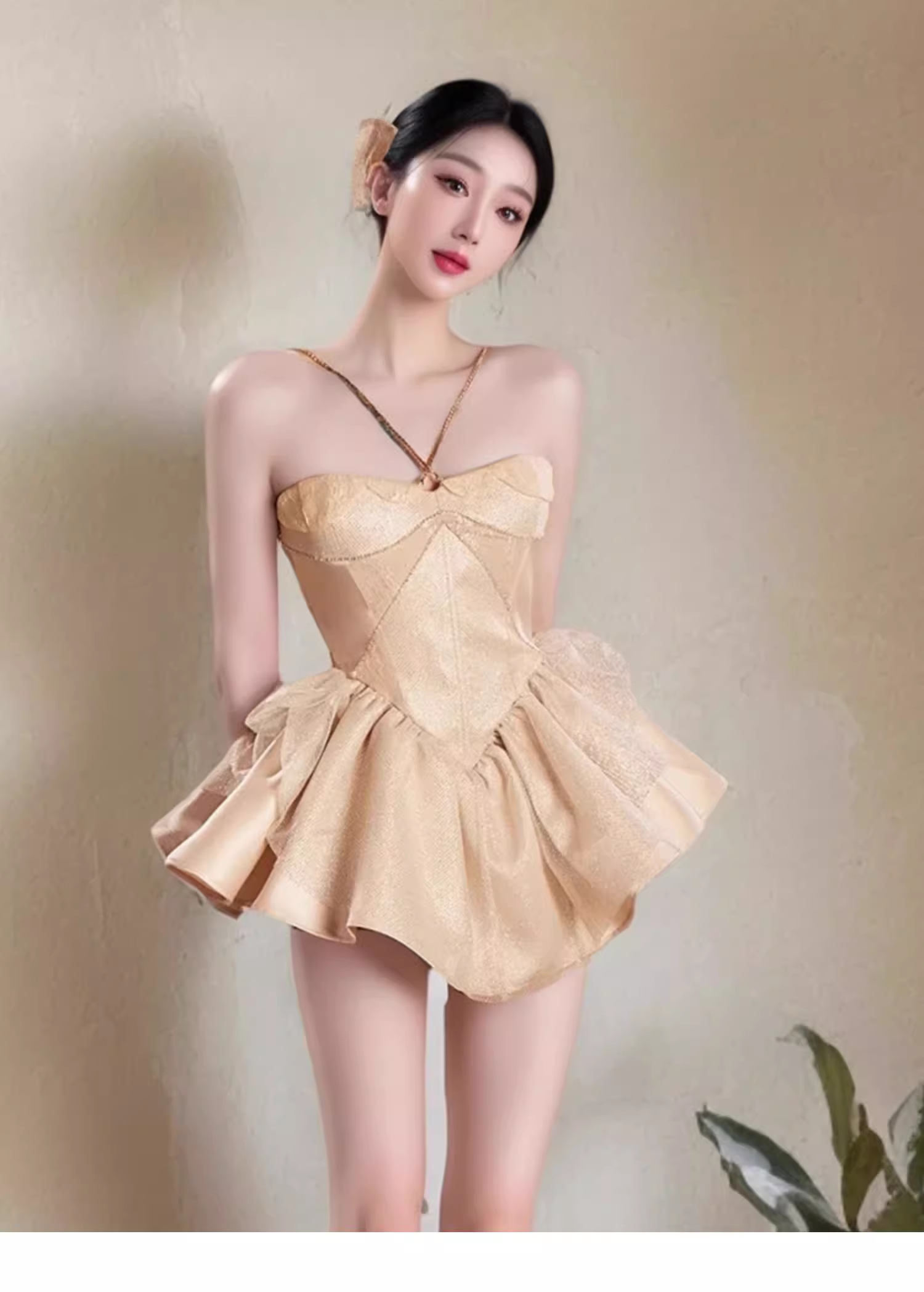 Vintage Golden Halter Dress Design A-line Satin Ruffled Hem Party Dress Homecoming Dress TP3831