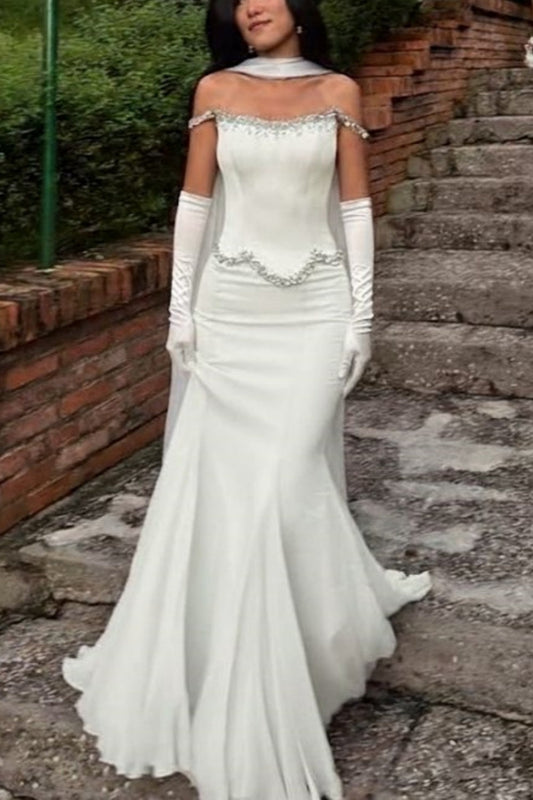 Elegant White Mermaid Gown | Off-Shoulder Rhinestone Dress, Gala Friends Gathering Fashion Outfit gh6454