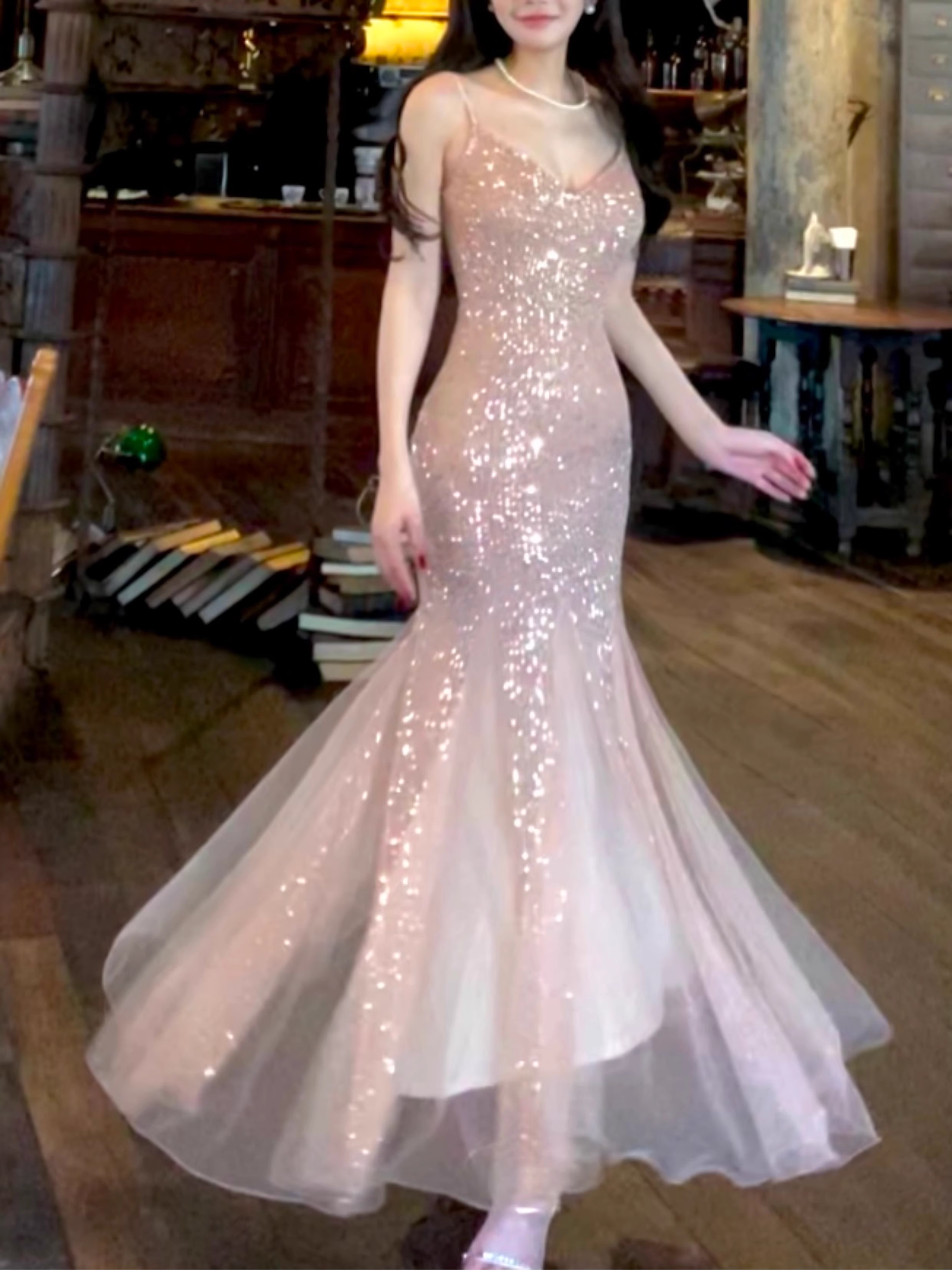 Vintage Pink Sequin Mermaid Spaghetti Strap V-neck Evening Dress Long Prom Dress TP4995