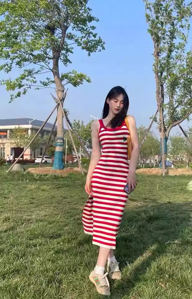 New Fashion Red Streak Casual Sleeveless Spaghetti Strap Dress TP2977