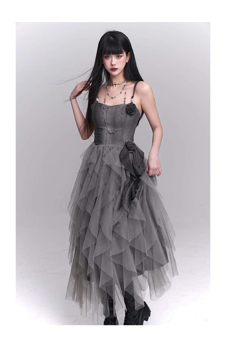 Simple Fashion Gray Rose Flower Design Women Spaghetti Strap Dress TP2943