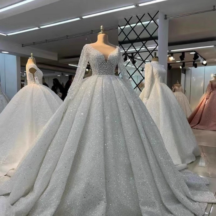 Glamorous Sparkle Sequin Long Sleeves Royalty-Inspired Bridal Wedding Dress TP5313