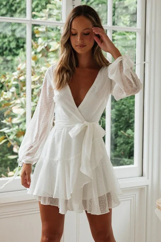 Vintage White V-neck Short A-Line Party Dress Cocktail Dress Homecoming Dress TP4451