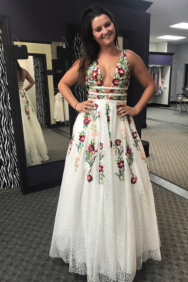 Princess V Neck Floral Embroidery Long Prom Dress with Pocket