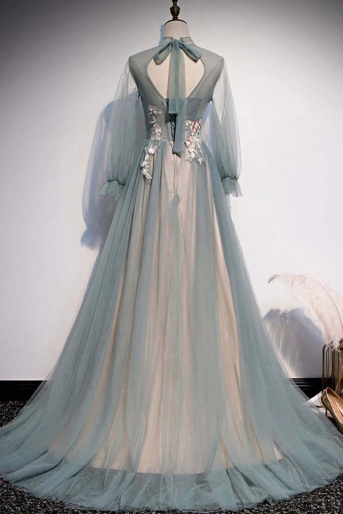 Floral Lace Long Sleeves Tulle Prom Dresses A Line Maxi Dress