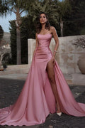 Vintage Pink Satin Prom Dress Strapless Evening Gown High Slit Party Dress Long Formal Dress TP4848