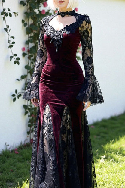 girlhomeshops-Burgundy velvet gothic lace long sleeve dress prom dress,evening dress gh5813