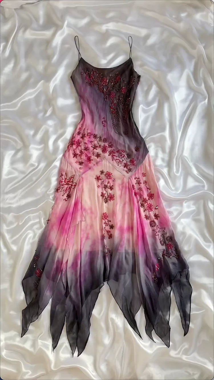 Pink Gradient Gorgeous Lightweight Exquisite Beaded Spaghetti Strap Long Chiffon Ball Gown Evening Gown Party Dress gh3339