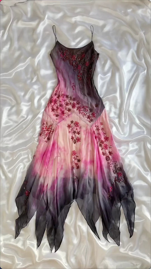 Pink Gradient Gorgeous Lightweight Exquisite Beaded Spaghetti Strap Long Chiffon Ball Gown Evening Gown Party Dress gh3339