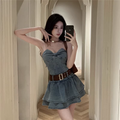 Cute Bow Design A-Line Strapless Denim Short Dress TP3161
