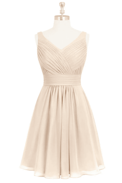 White Alabaster A-line Pleated V Neckline Chiffon Mini Bridesmaid Dress