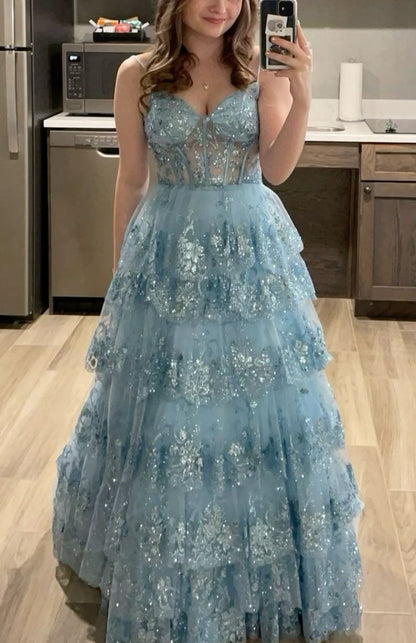 girlhomeshops-Gray/Blue Long Princess Sparkling Sequined Long Tulle Prom Dress Graduation Dress gh5925