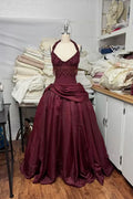 Glamorous Burgundy Halter Neck Beaded Fringe Satin Sweet 16 Quinceanera Ball Gown TP5698