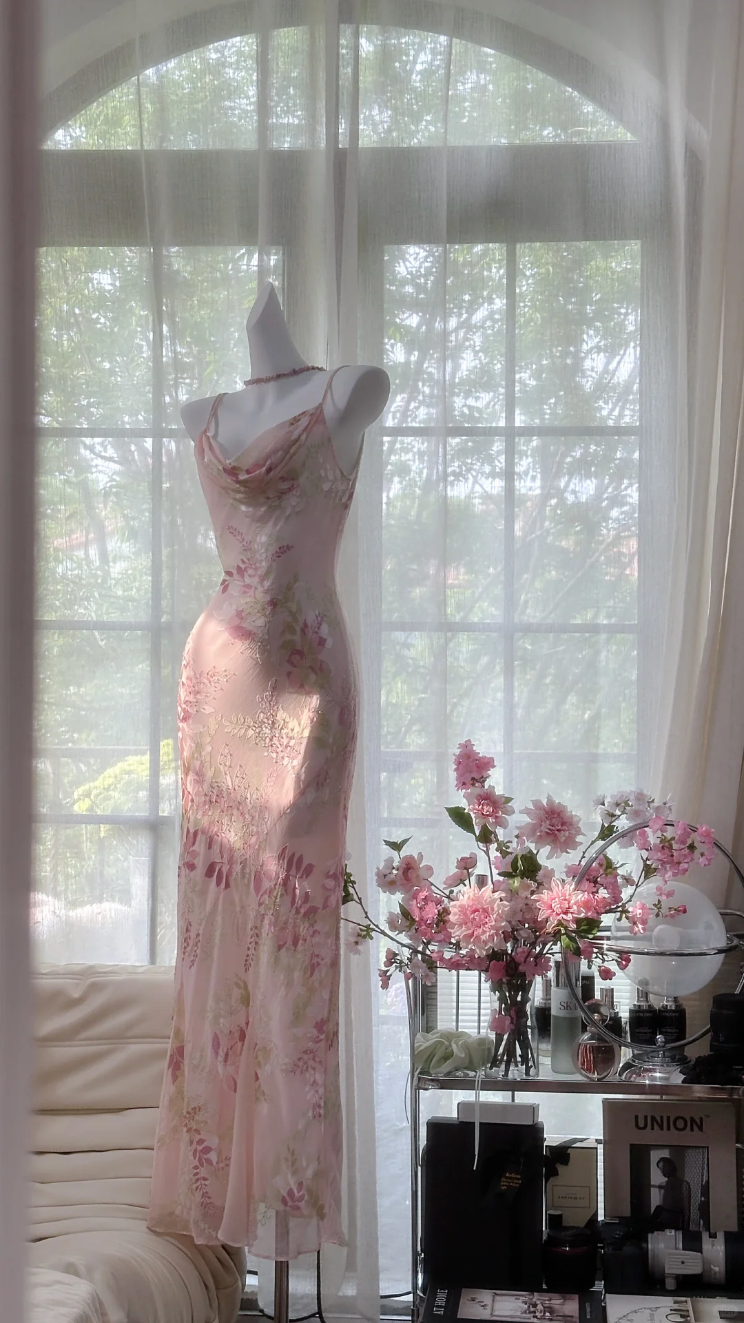 Retro Pink Floral Spaghetti Strap Romantic Chiffon Evening Dress Prom Dresses TP3984