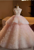 Glamorous Pink Fluffy Tulle A-Line Strapless Floral Sweet 15 Quinceanera Ball Gown TP5475
