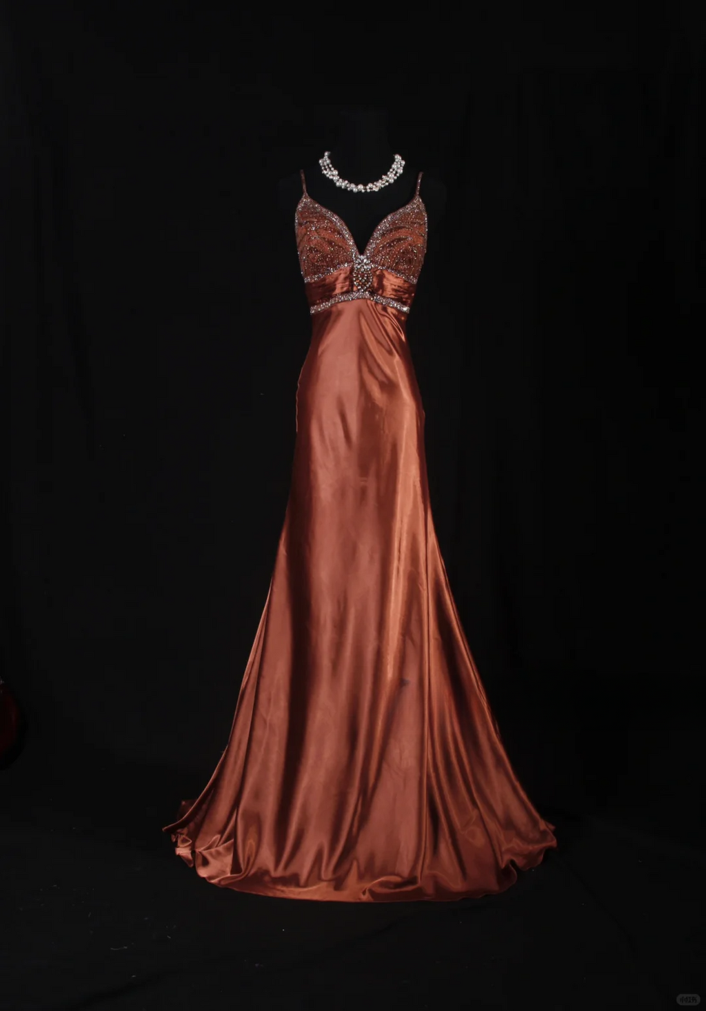 Elegant Caramel Satin Deep V-Neck Beaded Evening Gown TP5414