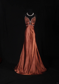 Elegant Caramel Satin Deep V-Neck Beaded Evening Gown TP5414