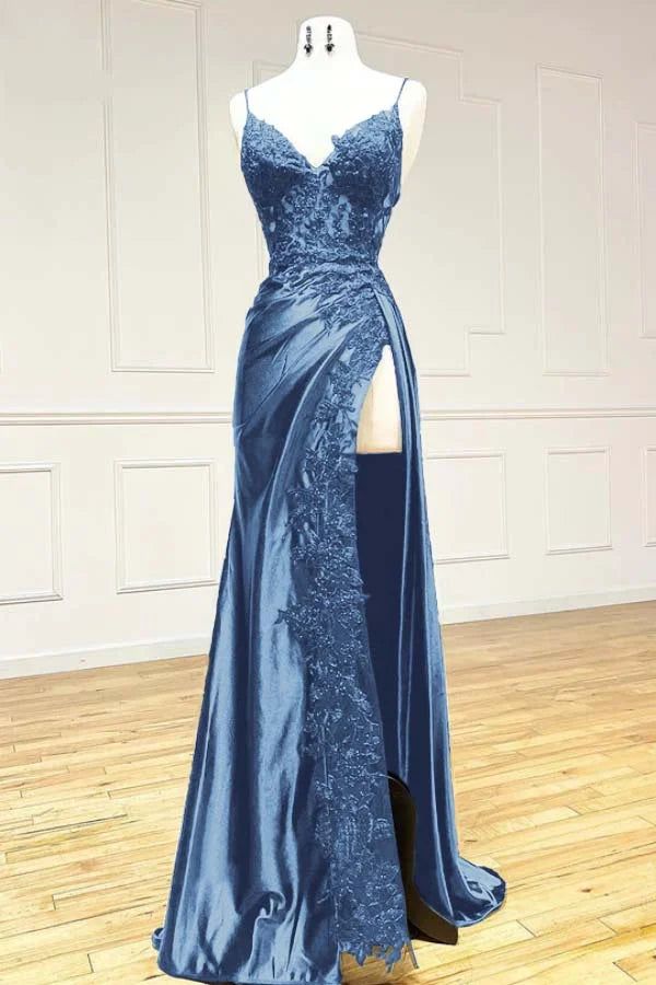 Black fashion classy sexy V-neck exquisite lace spaghetti straps side slits long satin prom dress evening dress party dress gh2611