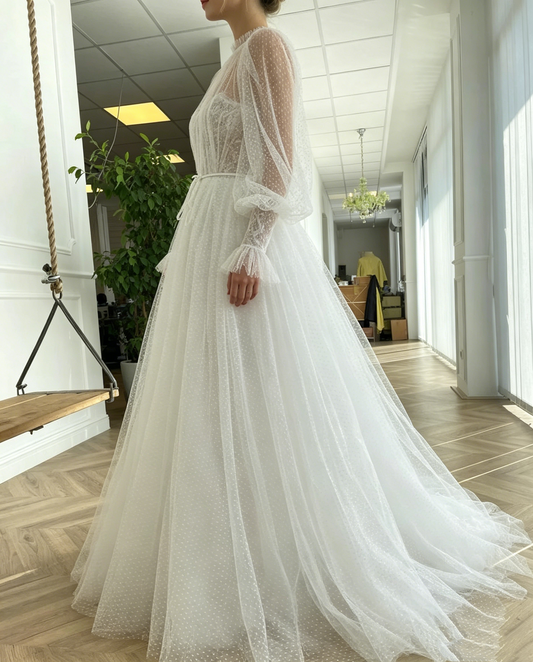 Vintage Dotted Tulle Puff Sleeve Illusion Neck A-Line Wedding TP5913