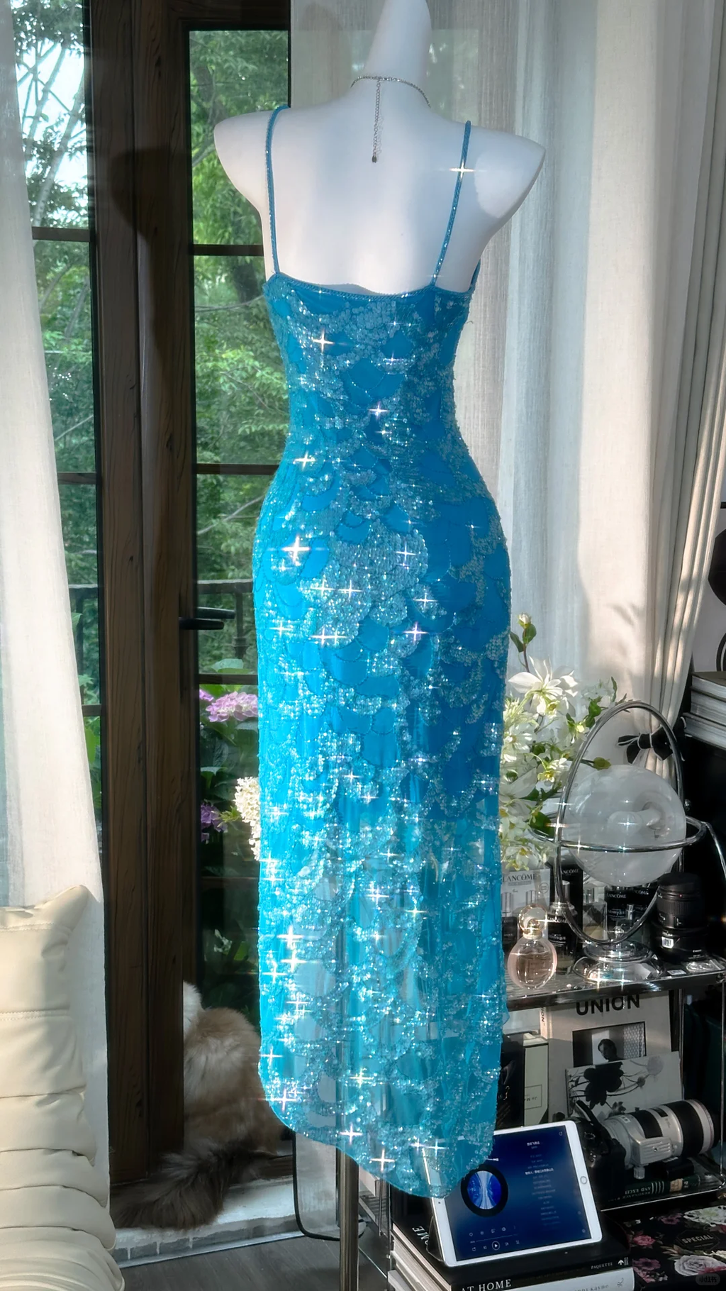 Vintage Blue Mermaid Sparkling Long Chiffon Spaghetti Strap Romantic Ball Gown Evening Dress Prom Dresses TP3962