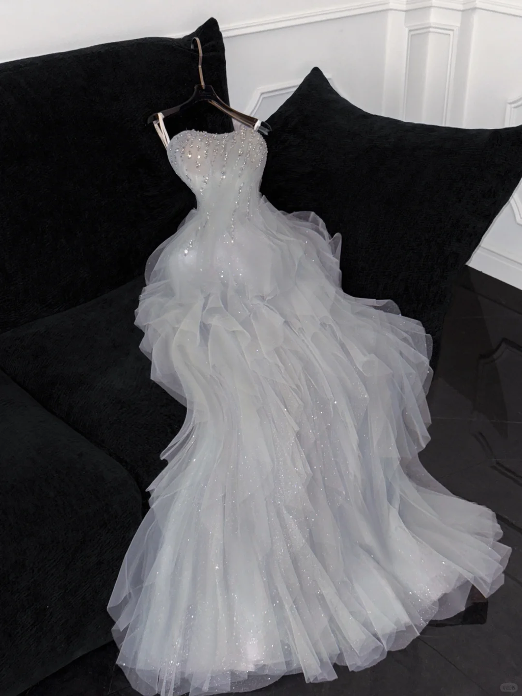 Fashion Sparkling White Beaded Sequin Mermaid Elegant Tulle Evening Dress Prom Dresses TP4158