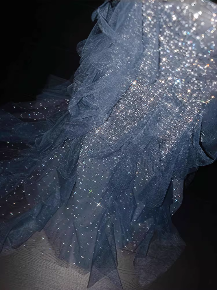 Sparkling Light Blue Sequin Tulle Evening Gown Mermaid Ruffles Prom Dress TP5666
