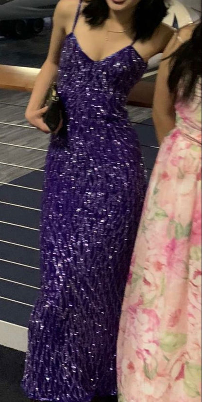 Purple Gorgeous Shiny Elegant Fashion Spaghetti Strap Long Sequined Ball Gown Evening Dress Party Dress Prom Dress gh3788