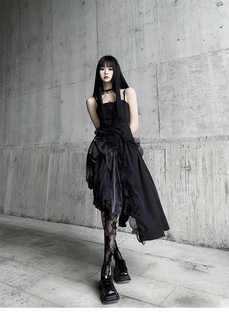 Women Fashion Black Irregular  Spaghetti Strap Dress TP2908
