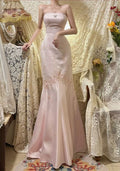 Vintage Pink Satin Embroidery Strapless Mermaid Long Prom Dress Evening Dress TP4570