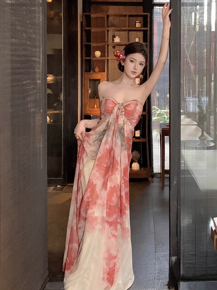 New Simple Fashion Floral Design A-Line Beach Holiday Strapless Dress TP3032