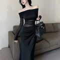 Simple Fashion Black Mesh Long-sleeved Dress TP2902
