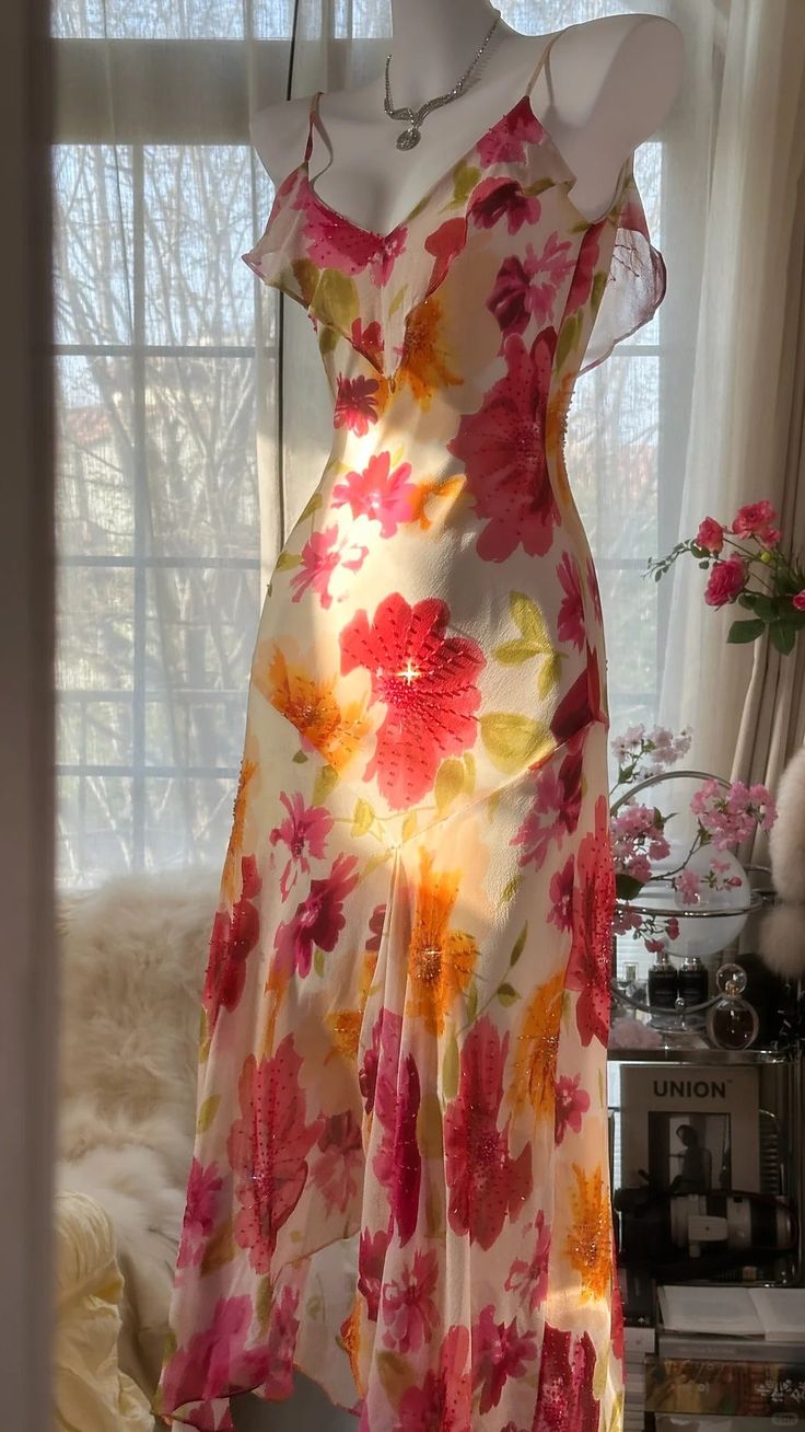 Romantic Ruffled Colorful Floral Printed Mermaid Chiffon Spaghetti Strap Prom Dress TP5686