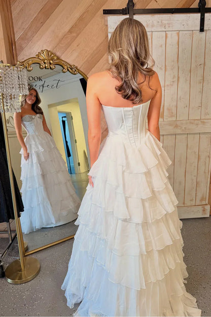 A-Line Empire Beaded Strapless Tiered Party Prom Dress With Slit