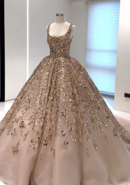 Nude pink gorgeous shiny gold sequins elegant long tulle sequin ball gown evening dress gh3197