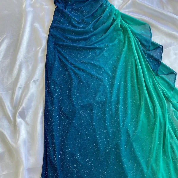 Blue shiny fashion gradient elegant spaghetti straps long chiffon elegant ball gown evening dress party dress gh3492