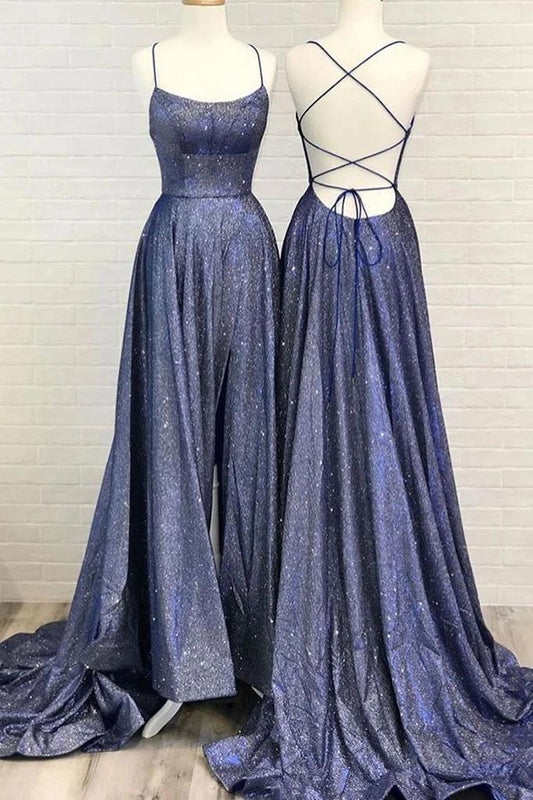 Shiny Spaghetti Straps Prom Dress A Line Evening Dresses for Weddings