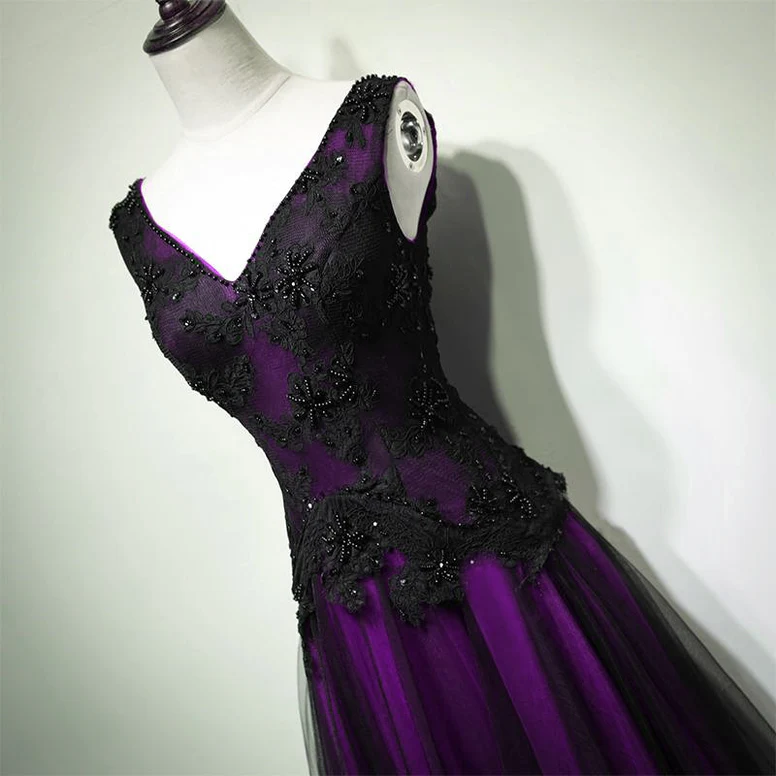 Gothic Tulle Long Prom Dress Purple and Black Formal Womens Dresses