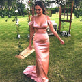 Elegant Sexy Shiny Pink Spaghetti Strap V-neck Mermaid Long Prom Dress With Trail