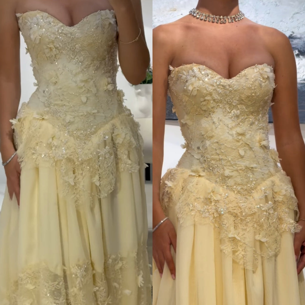 Fairy Strapless Floral Applique Long Prom Dresses Yellow Formal Evening Dresses
