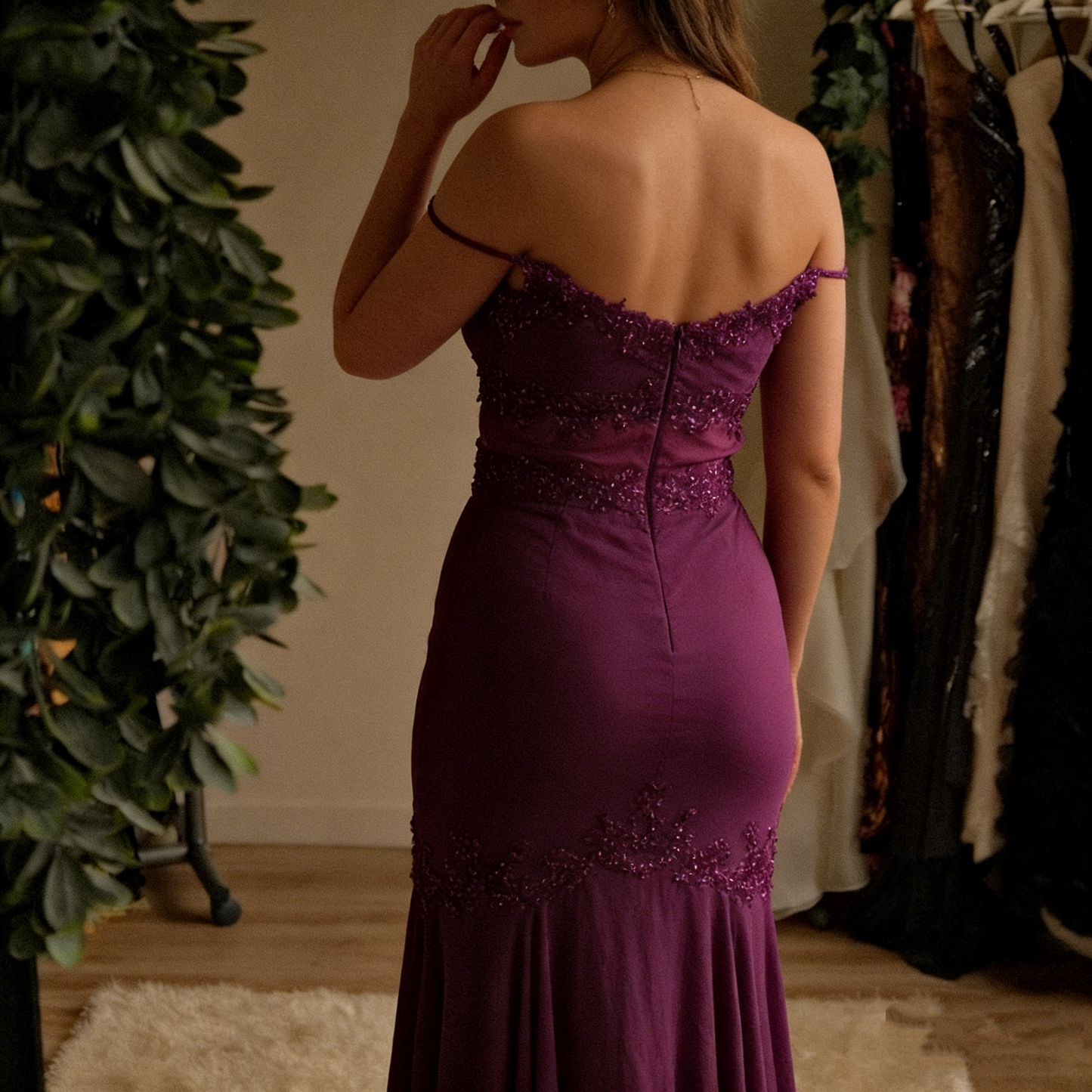 Beautiful Sheath Spaghetti Straps Grape Chiffon Prom Dress With Beads P2305