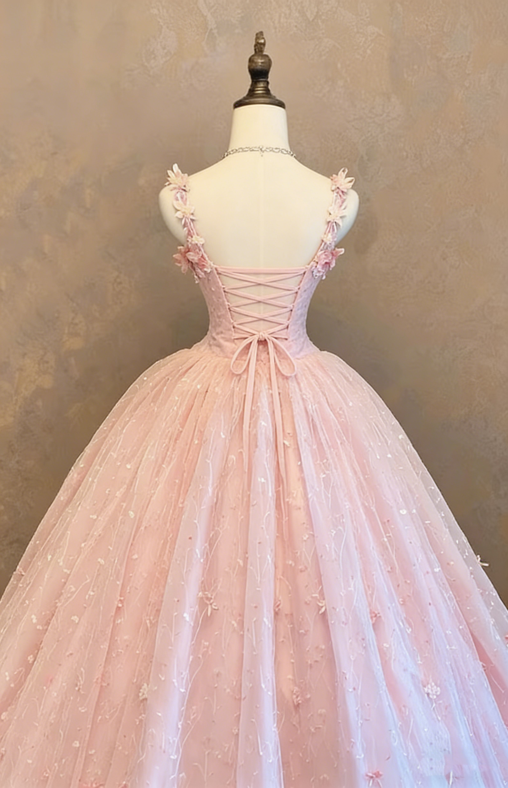 Glamorous Pink Floral Applique Spaghetti Strap Sweet 15 Quinceanera Ball Gown TP5727