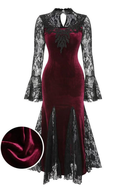 girlhomeshops-Burgundy velvet gothic lace long sleeve dress prom dress,evening dress gh5813