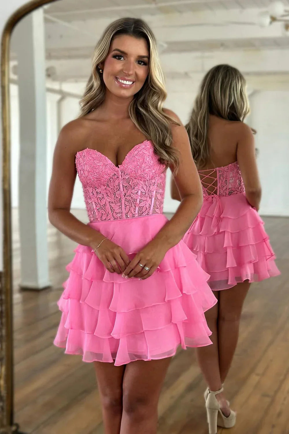 Strapless Blue Sheer Corset A-Line Ruffle Homecoming Dress