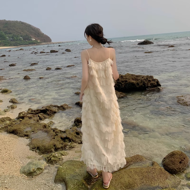 New Fashion Tassels Design Pink Beach Elegant Spaghetti Strap Dress TP2965