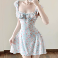 Cute Light Blue Floral Square-neck A-Line Short Summer Dresses Party Dress Homecoming Dress TP4341