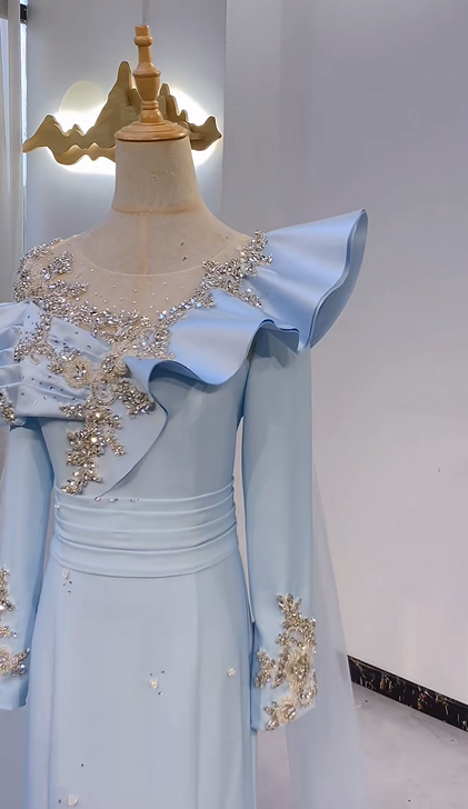 Light Blue Gradient Asymmetric Neckline Waist-Cinched Fitted Long Evening Dress, Fairy Gown, Romantic Gown gh7379