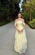Vintage Pale Yellow Off-the-Shoulder Chiffon A-Line Tiered Ruffle Evening Gown TP5850