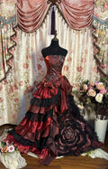 Gothic Burgundy & Black Tiered Ruffled A-Line Strapless Beaded Ball Gown TP5108