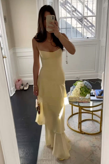 girlhomeshops-Yellow casual ruffled long chiffon dress gh5860